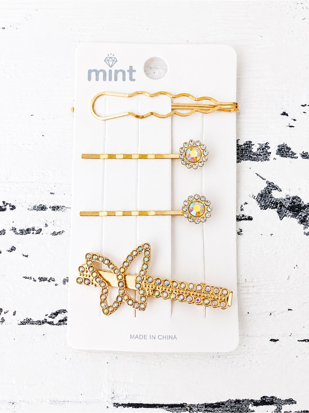 Mint Gold Rhinestone Butterfly Hair Clip Set